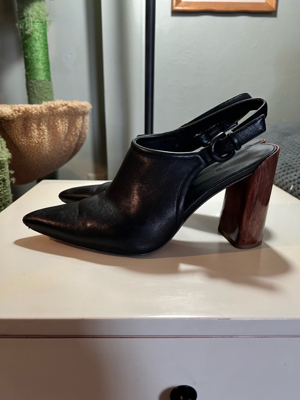 Vince Prya pointed toe slip on slingback high heeled black leather pumps.